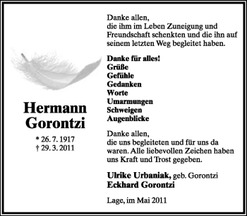Anzeige  Hermann Gorontzi  Lippische Landes-Zeitung