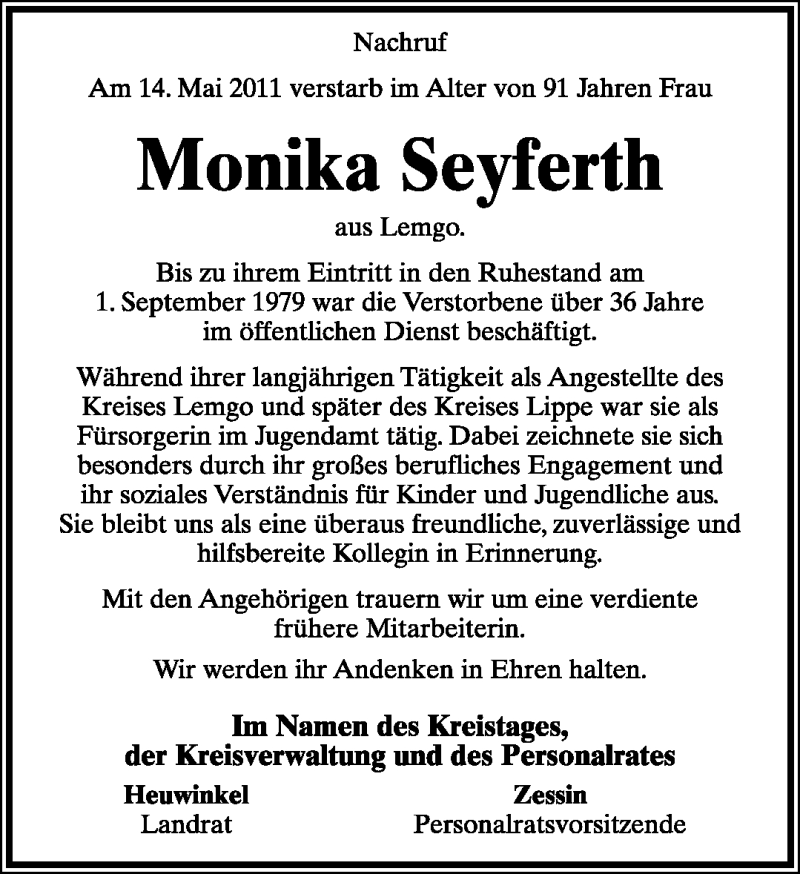  Traueranzeige für Monika Seyferth vom 21.05.2011 aus Lippische Landes-Zeitung