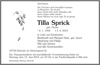 Anzeige  Tilla Sprick  Lippische Landes-Zeitung