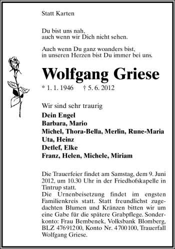Anzeige  Wolfgang Griese  Lippische Landes-Zeitung