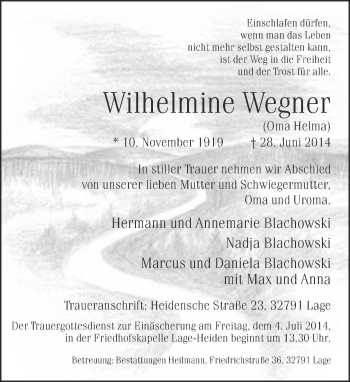 Anzeige  Wilhelmine Wegner  Lippische Landes-Zeitung