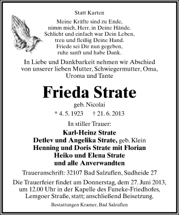 Anzeige  Frieda Strate  Lippische Landes-Zeitung