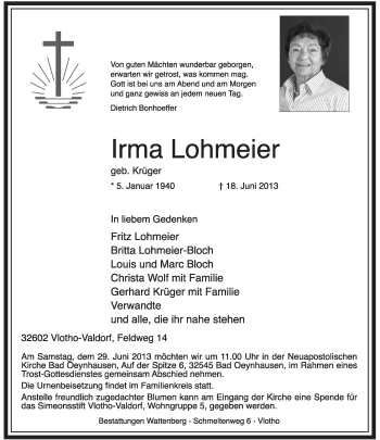 Anzeige  Irma Lohmeier  Lippische Landes-Zeitung