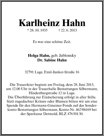 Anzeige  Karlheinz Hahn  Lippische Landes-Zeitung