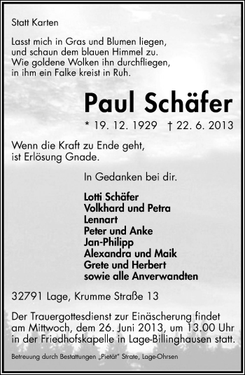 Anzeige  Paul Schäfer  Lippische Landes-Zeitung