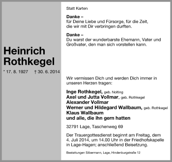 Anzeige  Heinrich Rothkegel  Lippische Landes-Zeitung