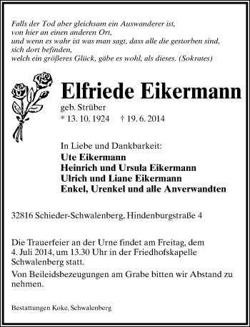 Anzeige  Elfriede Eikermann  Lippische Landes-Zeitung