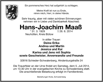 Anzeige  Hans-Joachim Maaß  Lippische Landes-Zeitung