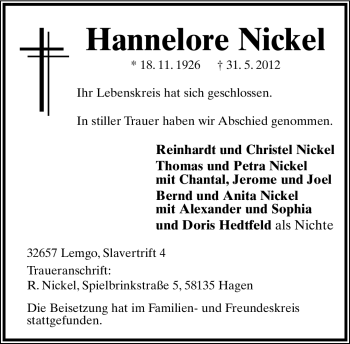 Anzeige  Hannelore Nickel  Lippische Landes-Zeitung