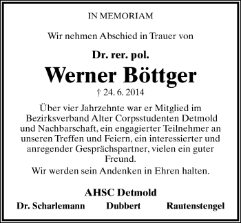 Anzeige  Werner Böttger  Lippische Landes-Zeitung