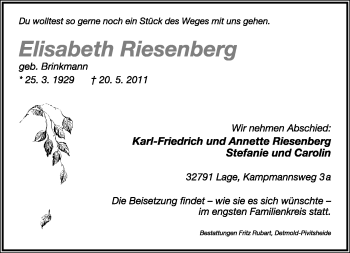 Anzeige  Elisabeth Riesenberg  Lippische Landes-Zeitung