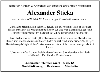 Anzeige  Alexander Sticka  Lippische Landes-Zeitung