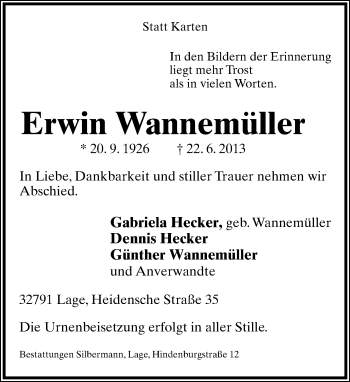 Anzeige  Erwin Wannemüller  Lippische Landes-Zeitung