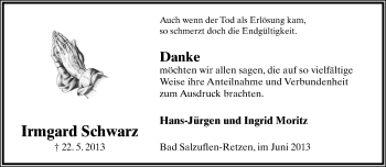Anzeige  Irmgard Schwarz  Lippische Landes-Zeitung