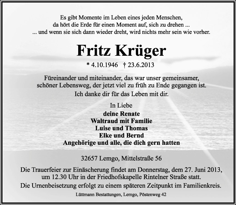  Traueranzeige für Fritz Krüger vom 25.06.2013 aus Lippische Landes-Zeitung
