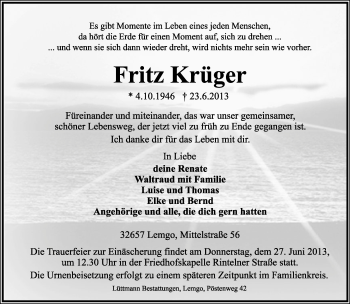 Anzeige  Fritz Krüger  Lippische Landes-Zeitung
