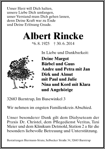 Anzeige  Albert  Rincke  Lippische Landes-Zeitung