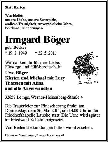 Anzeige  Irmgard Böger  Lippische Landes-Zeitung