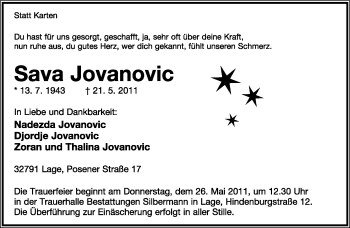 Anzeige  Sava Jovanovic  Lippische Landes-Zeitung