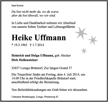 Anzeige  Heike Uffmann  Lippische Landes-Zeitung