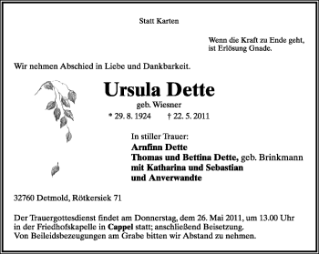 Anzeige  Ursula Dette  Lippische Landes-Zeitung