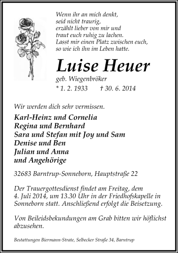 Anzeige  Luise Heuer  Lippische Landes-Zeitung