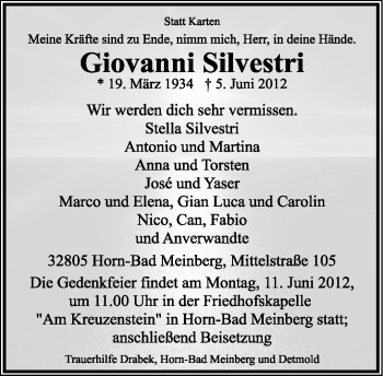 Anzeige  Giovanni Silvestri  Lippische Landes-Zeitung