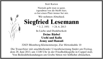 Anzeige  Siegfried Lesemann  Lippische Landes-Zeitung
