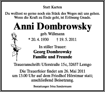 Anzeige  Anni Dombrowski  Lippische Landes-Zeitung