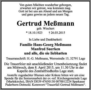 Anzeige  Gertrud Meßmann  Lippische Landes-Zeitung