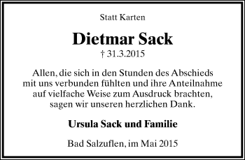 Anzeige  Dietmar Sack  Lippische Landes-Zeitung