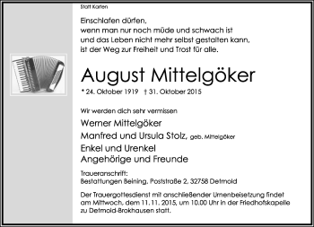 Anzeige  August Mittelgöker  Lippische Landes-Zeitung