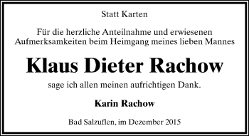 Anzeige  Klaus Dieter Rachow  Lippische Landes-Zeitung