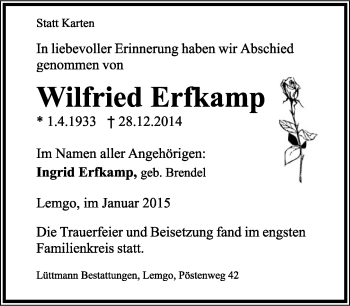 Anzeige  Wilfried Erfkamp  Lippische Landes-Zeitung
