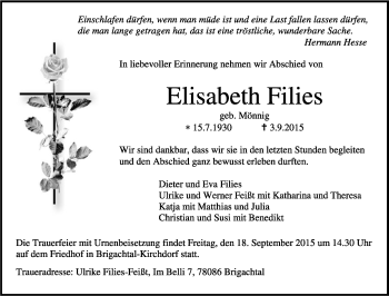 Anzeige  Elisabeth Filies  Lippische Landes-Zeitung