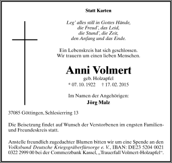 Anzeige  Anni Volmert  Lippische Landes-Zeitung