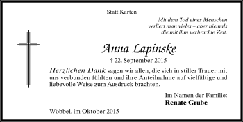 Anzeige  Anna Lapinske  Lippische Landes-Zeitung