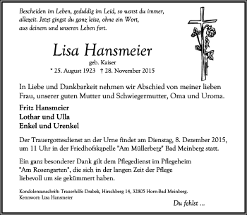 Anzeige  Lisa Hansmeier  Lippische Landes-Zeitung