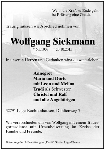 Anzeige  Wolfgang Siekmann  Lippische Landes-Zeitung