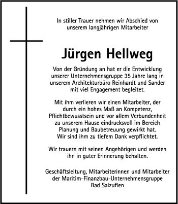 Anzeige  Jürgen Hellweg  Lippische Landes-Zeitung