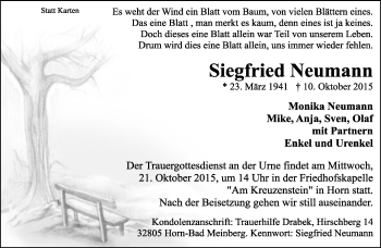 Anzeige  Siegfried Neumann  Lippische Landes-Zeitung