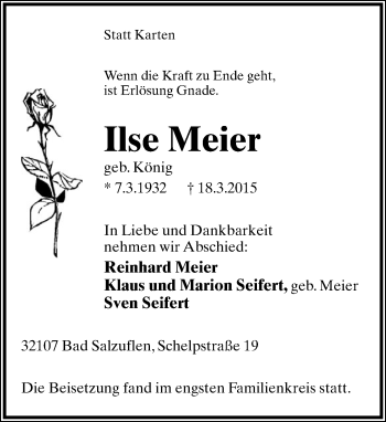Anzeige  Ilse Meier  Lippische Landes-Zeitung