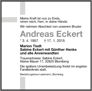 Anzeige  Andreas Eckert  Lippische Landes-Zeitung