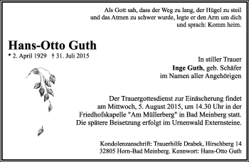 Anzeige  Hans-Otto Guth  Lippische Landes-Zeitung