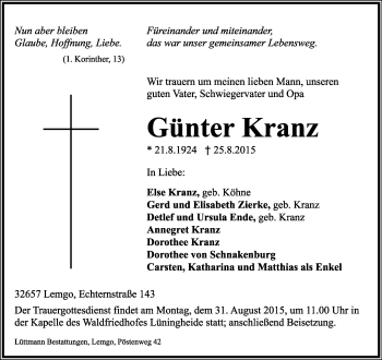 Anzeige  Günter Kranz  Lippische Landes-Zeitung