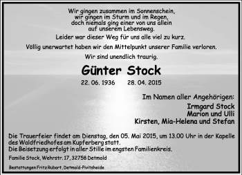 Anzeige  Günter Stock  Lippische Landes-Zeitung