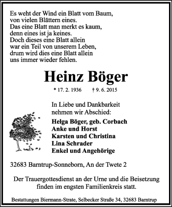 Anzeige  Heinz Böger  Lippische Landes-Zeitung