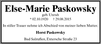 Anzeige  Else-Marie Paskowsky  Lippische Landes-Zeitung