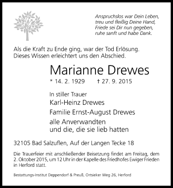 Anzeige  Marianne Drewes  Lippische Landes-Zeitung