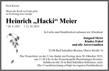 Anzeige  Heinrich Hacki Meier  Lippische Landes-Zeitung